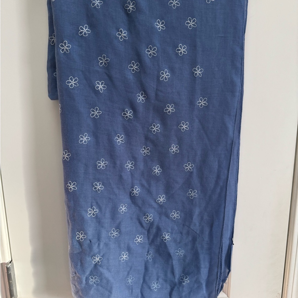 Charlotte Daniel Blue Scarf with White Floral Embroidery